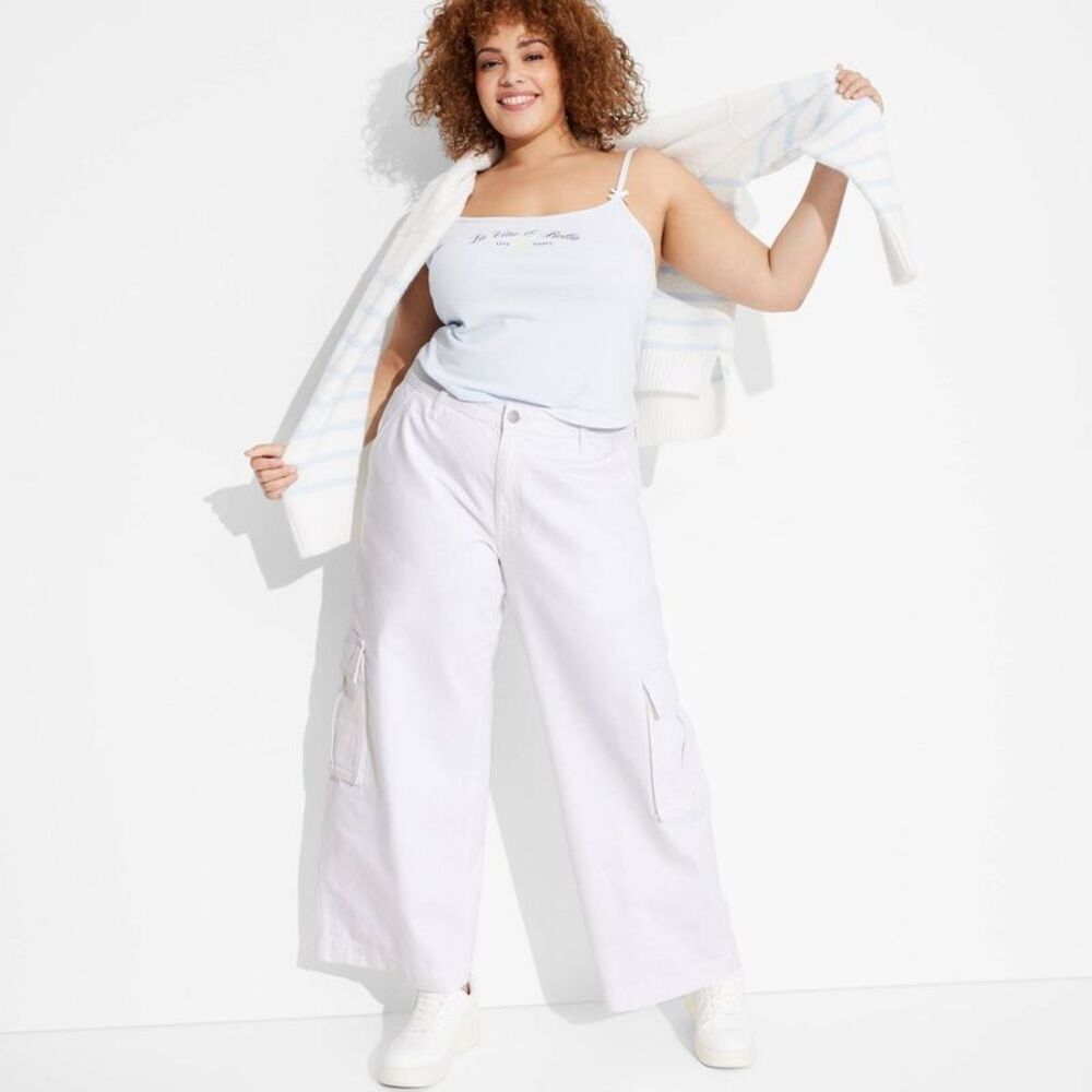 Women's Mid-Rise Wide Leg Cargo Baggy Jeans - Wild Fable White 30